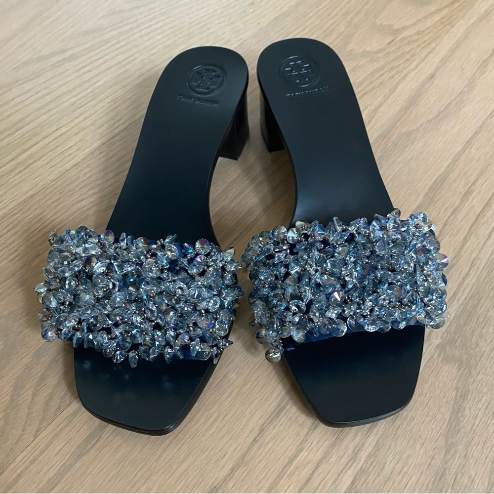 NWOB Tory Burch Logan Blue Slide Sandals with Block Heel (Size 7)